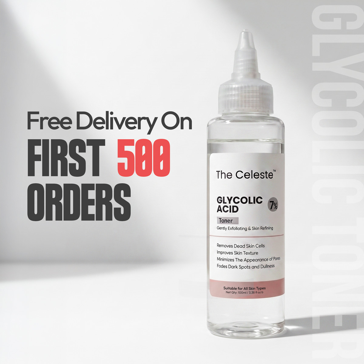 The Celeste Glycolic Acid 7% Toner 240ml, an exfoliating toner formulated to remove dead skin cells and improve the appearance of dull and uneven skin.