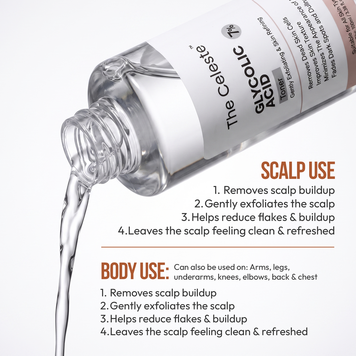 The Celeste Glycolic Acid 7% Toner helps exfoliate dead skin cells, improve uneven skin texture, reduce the appearance of dullness and leave skin smoother.