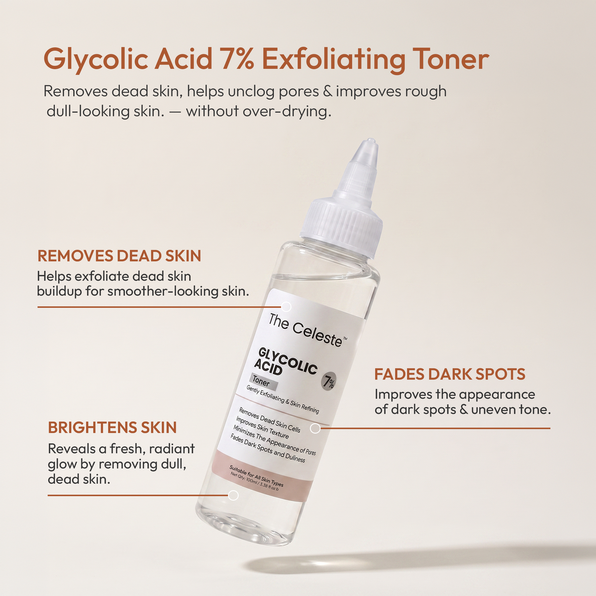The Celeste Glycolic Acid 7% Toner designed to gently exfoliate dead skin cells and reveal smoother, brighter-looking skin.
