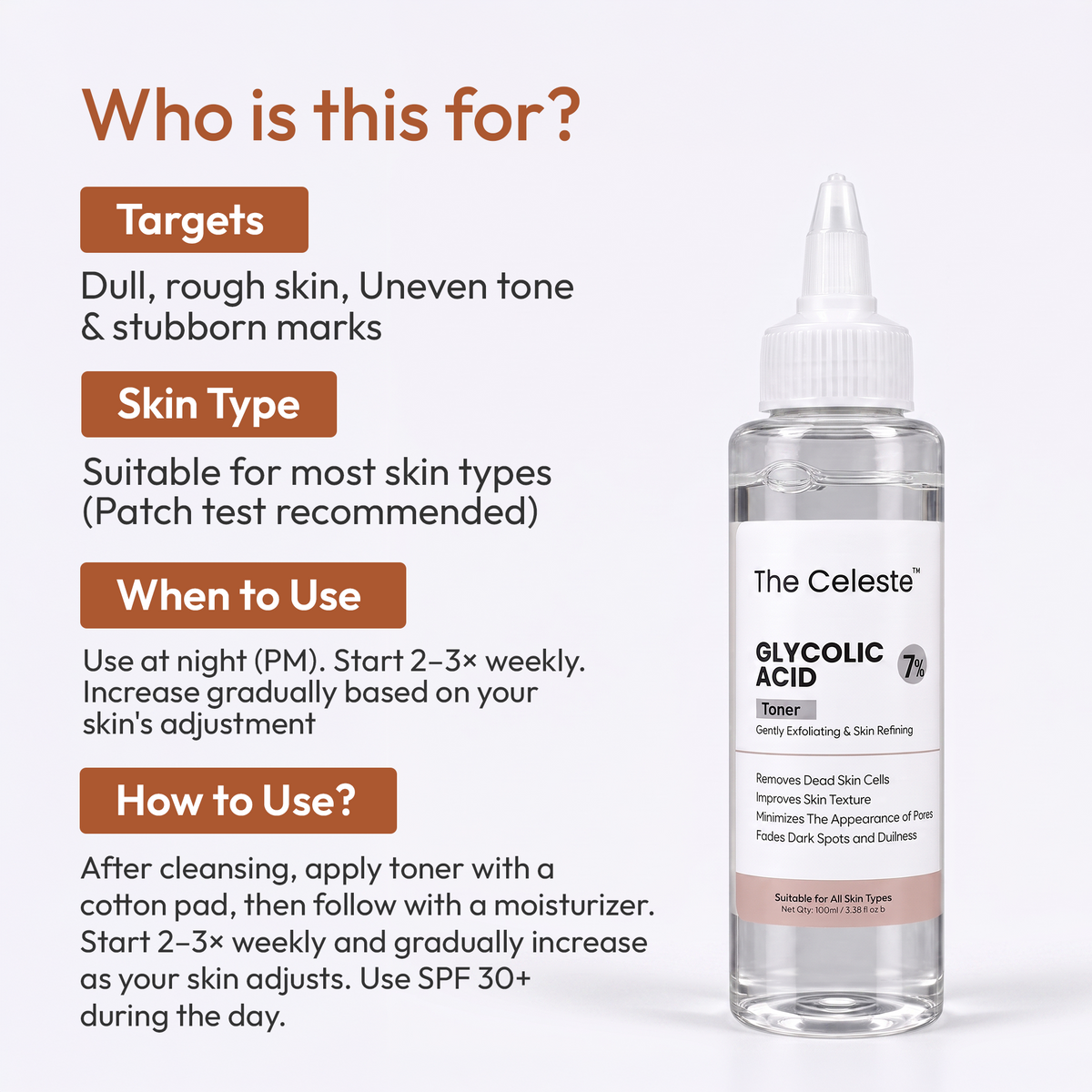 How to use The Celeste Glycolic Acid 7% Toner as part of a skincare routine for gentle exfoliation and improved-looking skin texture.