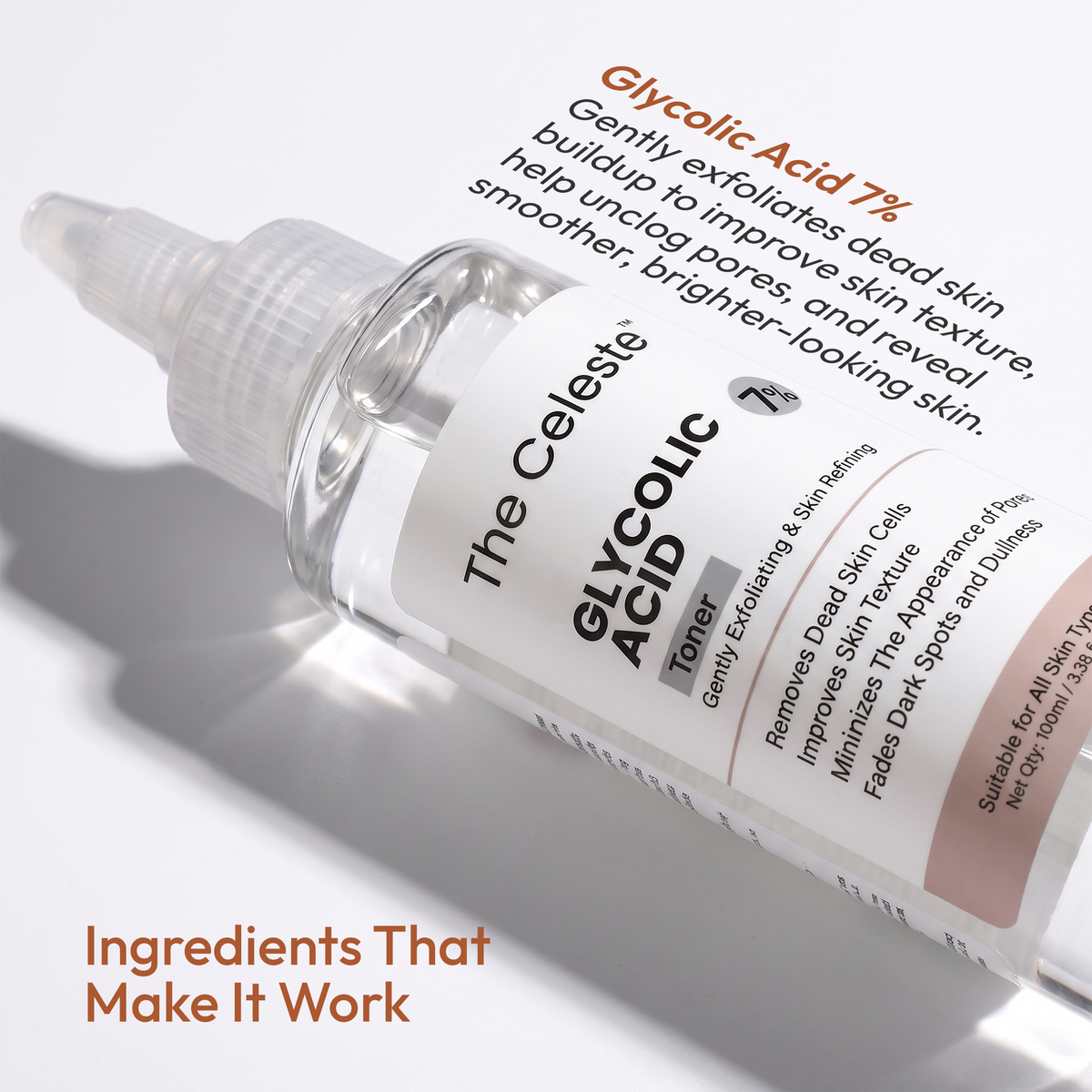 The Celeste Glycolic Acid 7% Toner formulated with glycolic acid and hydrating ingredients to exfoliate and support smoother, softer-looking skin.